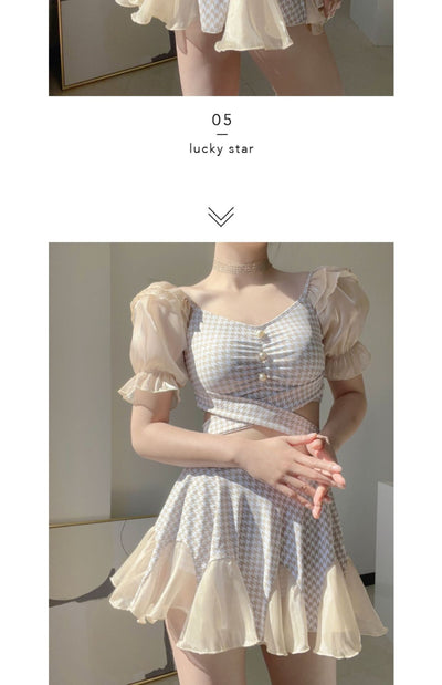 Women's conservative two-piece swimsuit with beige and white houndstooth pattern, sheer puff sleeves, and a flared skirt. - Image 13