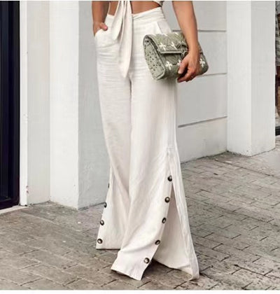 Pantalones Anchos de Cintura Alta en Algodón y Lino para Primavera