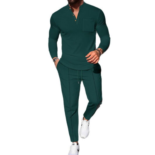 Conjunto Casual de Pantalón y Camiseta Henley Texturizada de Manga Larga para Hombre - Image 5