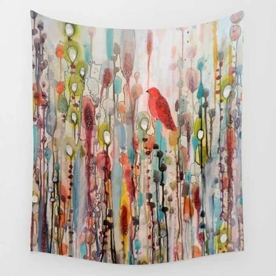 Colorful abstract floral tapestry with a red bird, featuring watercolor-style plants and drips in various hues. - Image 2