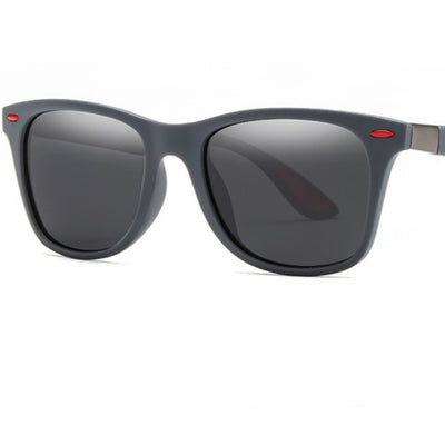 Black Wayfarer-style men's polarized sunglasses with dark gray lenses and a subtle silver accent on the temples. - Image 2