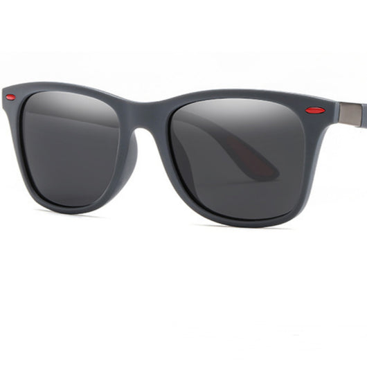Black Wayfarer-style men's polarized sunglasses with dark gray lenses and a subtle silver accent on the temples. - Image 2