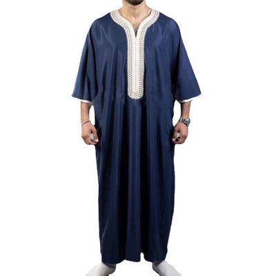 Túnica Árabe Azul Marino Bordada Manga Corta para Hombre - Image 3