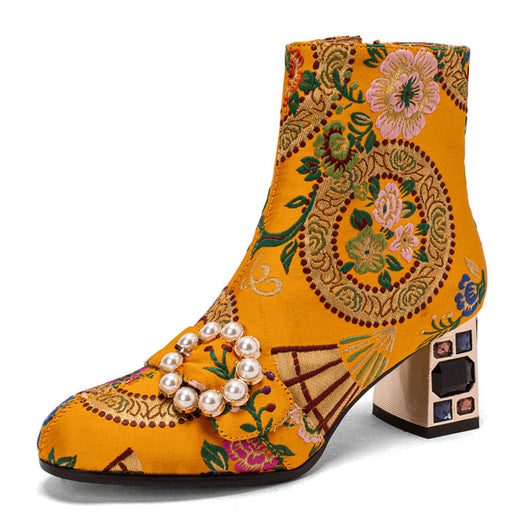 Botas Étnicas con Tacón Grueso, Bordado Floral y Hebilla de Perlas - Image 6