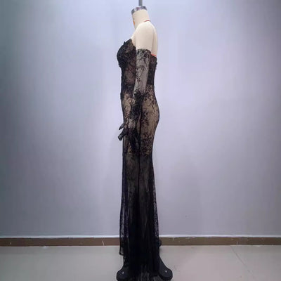 Vestido Largo Ajustado Negro con Encaje y Malla - Diseño Elegante con Abertura - Image 2