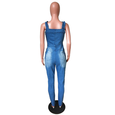 Mono Denim Blanco Ajustado con Encaje Plisado y Detalles Rotos para Mujer - Image 15