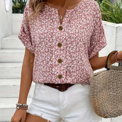 Camiseta Mujer Escote V Manga Corta Estampado Jacquard