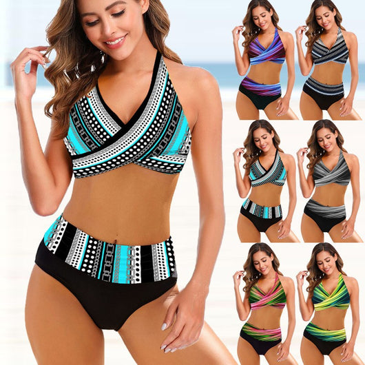Women's black and white striped tie-dye bikini swimsuit with a halter neck top and high-waisted bottoms.