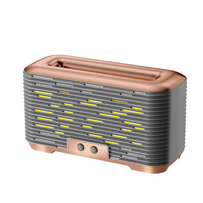 Rose gold and grey flame aroma diffuser and humidifier with horizontal slats and yellow LED lights. - Image 12