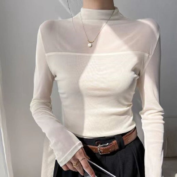 Blusa Base Cuello Semialto con Encaje Colores Sólidos
