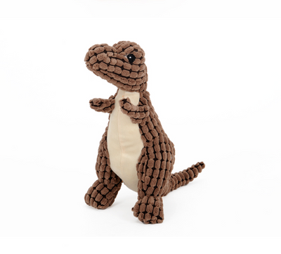 Brown textured corn velvet dinosaur plush toy with beige belly and black eyes, designed for dogs. - Image 7