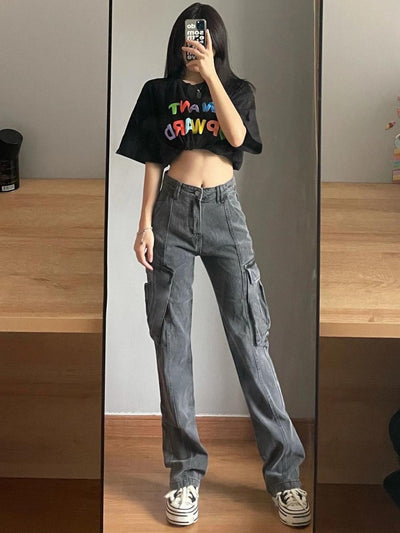Jeans de Trabajo Gris Vintage con Bolsillos Funcionales para Mujer - Image 11