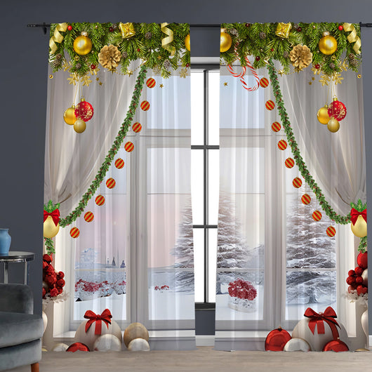 Pair of Christmas curtains with a 3D digital print of a snowy winter window scene, frosted trees, and snowflakes. - Image 8