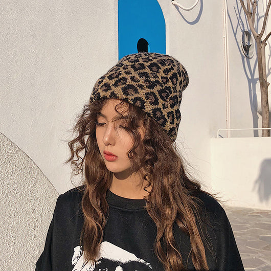 Gorro de Lana Tejido Estampado Leopardo Retro para Otoño e Invierno - Image 8