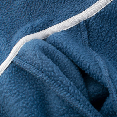 Blue children's fleece hooded jacket with a full zipper, featuring a light blue dinosaur appliqué and "SPACE" embroidery. - Image 4