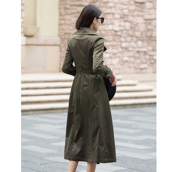 Abrigo Caqui Largo a la Rodilla Corte Slim Estilo Coreano