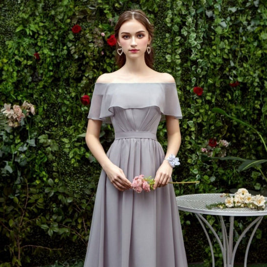 Vestido Largo Gris para Damas de Honor - Diseño Elegante Hombro Descubierto - Image 12