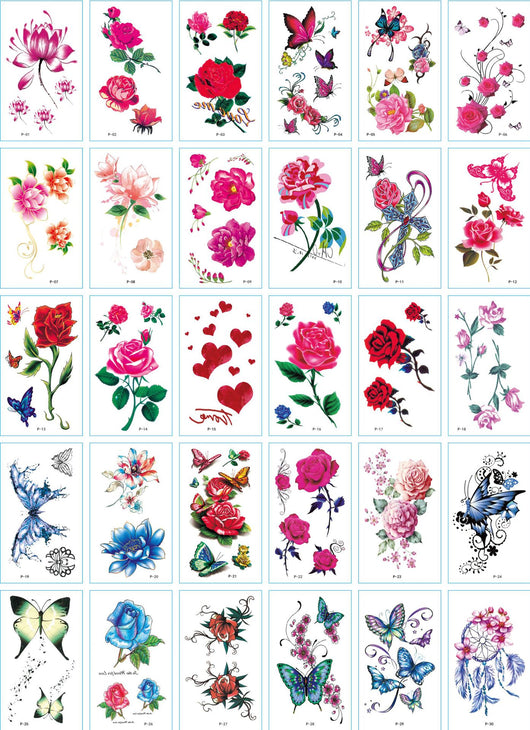 Set of 30 temporary tattoo stickers featuring pink and purple butterflies, flowers, bunnies, and moon designs. - Image 5