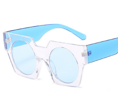 White geometric vintage big frame sunglasses with round purple gradient lenses, shown at an angle. - Image 5