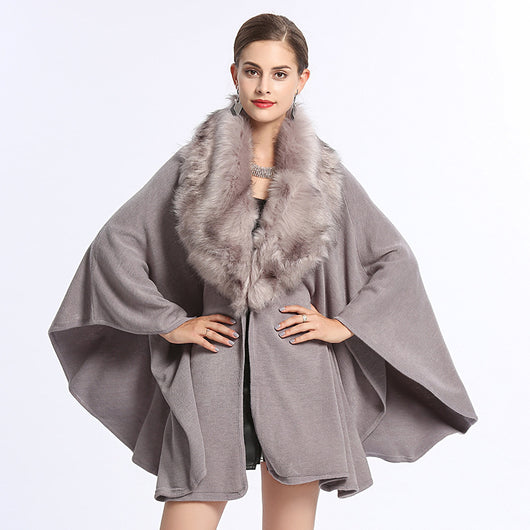 Poncho Capa de Punto con Cuello de Pelaje Sintético Oversized - Image 6
