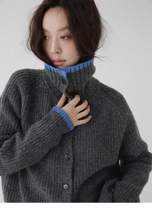 Cardigan de Lana Tejida con Cuello Bicolor - Abrigo de Botón Simple - Image 19