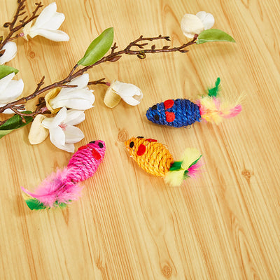 Set of three colorful sisal mouse cat toys with feather tails, packaged in clear plastic. - Image 3