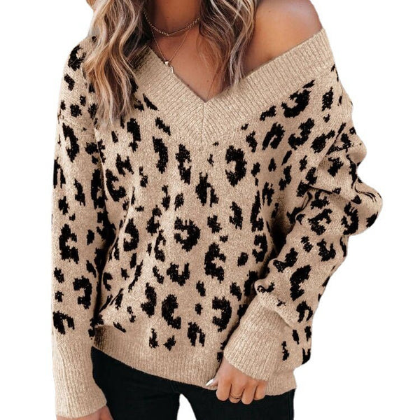 Suéter Suelto con Escote V y Estampado de Leopardo - Tejido Core-spun para Mujer
