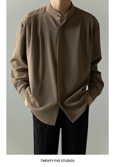 Camisa Casual Holgada de Manga Larga con Cuello Alzado para Hombre - Image 14