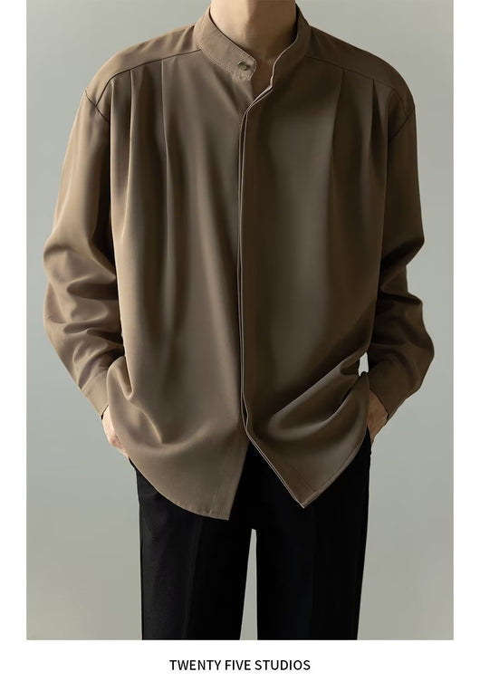Camisa Casual Holgada de Manga Larga con Cuello Alzado para Hombre - Image 14