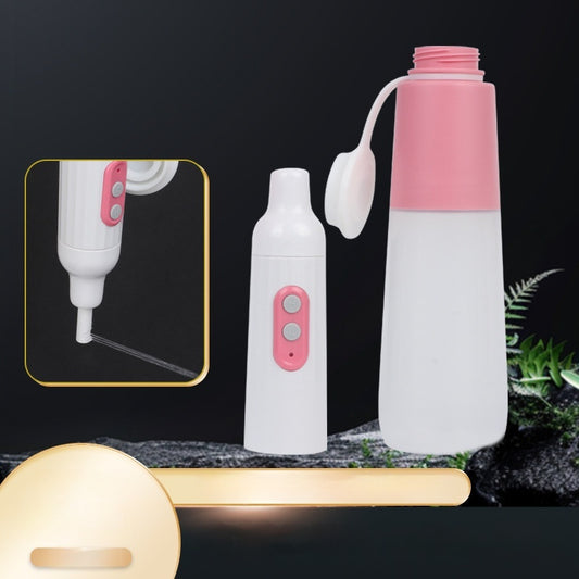 Portable electric bidet with translucent water bottle, white handheld spray unit, USB cable, and grey travel pouch.