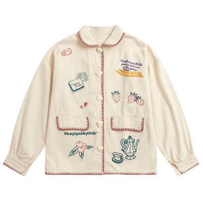 Chaqueta Doble Bolsillo con Bordado de Gato y Fresas Japonesas - Image 16
