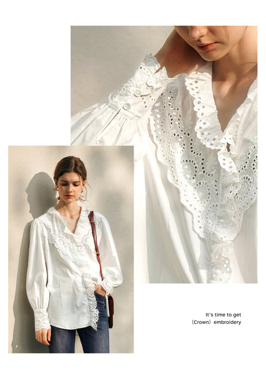 Blusa Blanca de Encaje Estilo Francés con Manga Larga para Mujer - Image 12