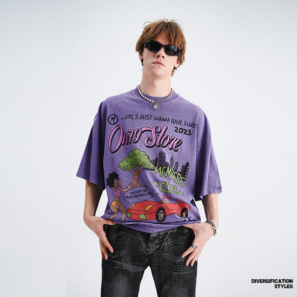 Playera Suelta Estampado Cartoon Vintage para Parejas - Manga Corta Unisex