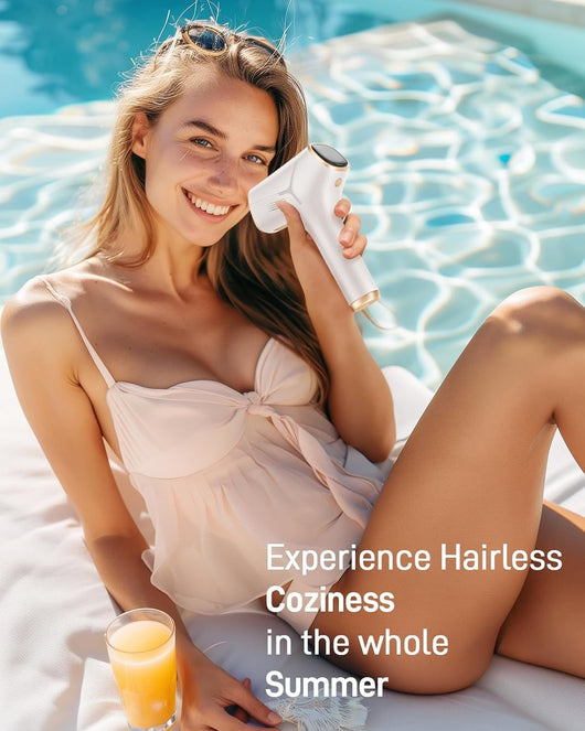 White and gold IPL hair removal device with safety glasses and razor, shown with its "Hair Removal" packaging. - Image 10