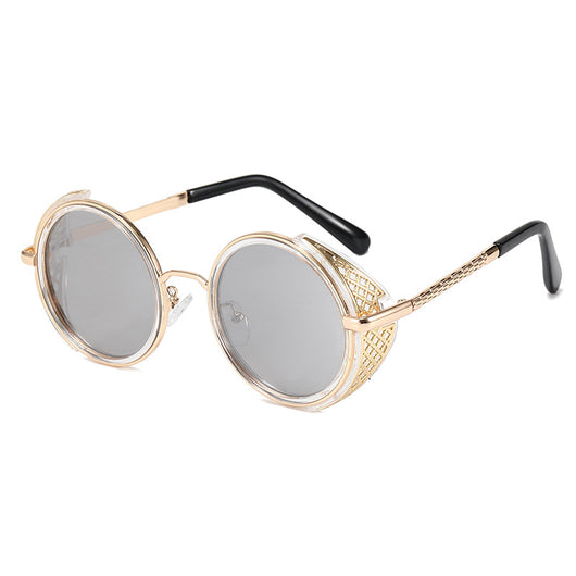 Round gold-framed sunglasses with light blue lenses and decorative side shields, featuring black temple tips. - Image 9