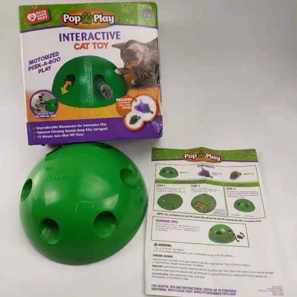 Green Pop 'n Play interactive cat toy with motorized peek-a-boo mouse, packaging, and instructions.