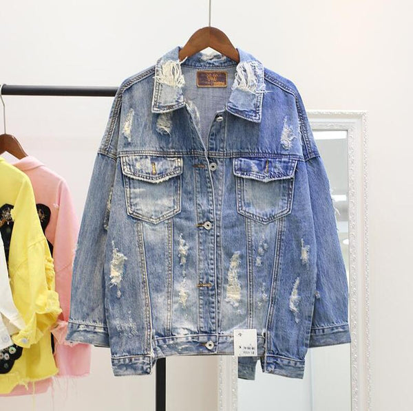 Chaqueta Denim Corta Desgarrada Estilo Urbano