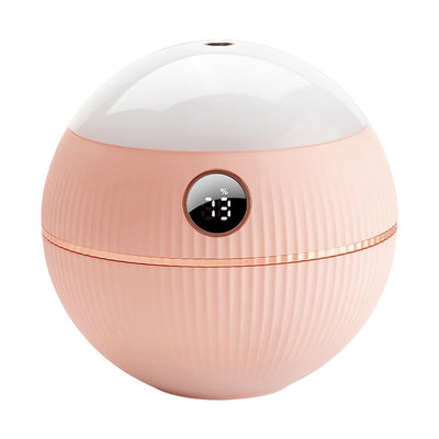 Pink spherical humidifier with a white top, ribbed texture, rose gold band, and a digital display showing 73%. - Image 5