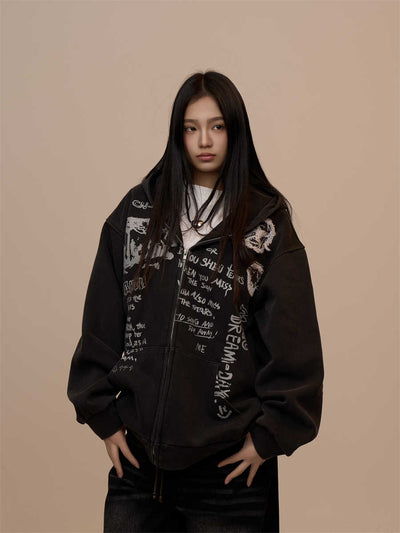 Sudadera Mujer con Capucha y Cierre - Estampado de Letras Negro - Image 5