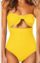 Bright yellow one-piece swimsuit with a strapless bandeau top, front tie-knot, and a cutout detail. - Image 13