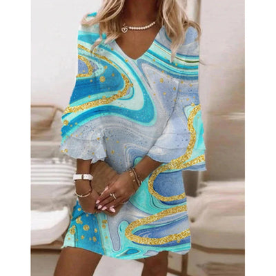 Vestido V-Neck con Volantes y Estampado de Mármol Dorado - Image 9