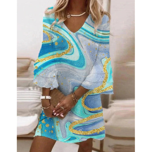 Vestido V-Neck con Volantes y Estampado de Mármol Dorado - Image 9