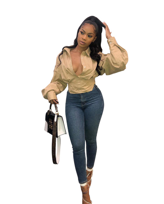 Blusa Elegante de Manga Linterna Ajustada en Color Sólido - Image 18
