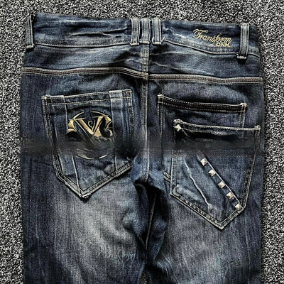 Pantalones Acampanados Denim Vintage con Bordados - Estilo Retro Lavado - Image 9