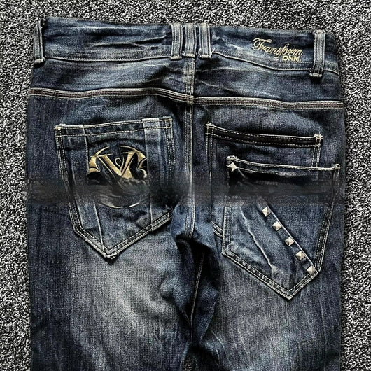 Pantalones Acampanados Denim Vintage con Bordados - Estilo Retro Lavado - Image 9