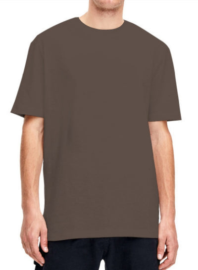 Plain light beige short-sleeved crew neck t-shirt made of cotton, shown on a model. - Image 7