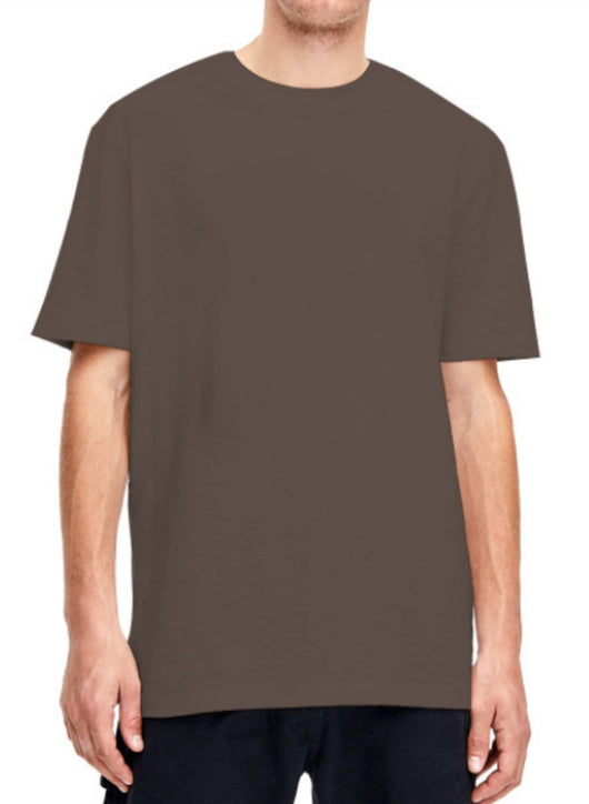 Plain light beige short-sleeved crew neck t-shirt made of cotton, shown on a model. - Image 7
