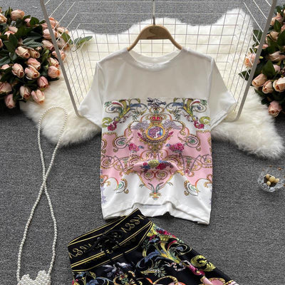 Conjunto de Dos Piezas: Blusa Estampada y Falda Corta para Mujer
