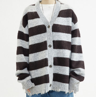 Cardigan Rayado Gris Café en Mezcla de Mohair y Lana - Image 9