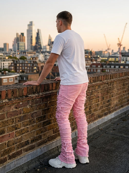 jeans, trousers, beige, white, burgundy, ripped, distressed, patched